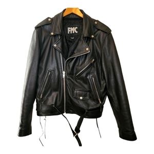 Vintage FMC Leather Motorcycle Biker Jacket, Belted Back Lace Moto Liner Size 44
